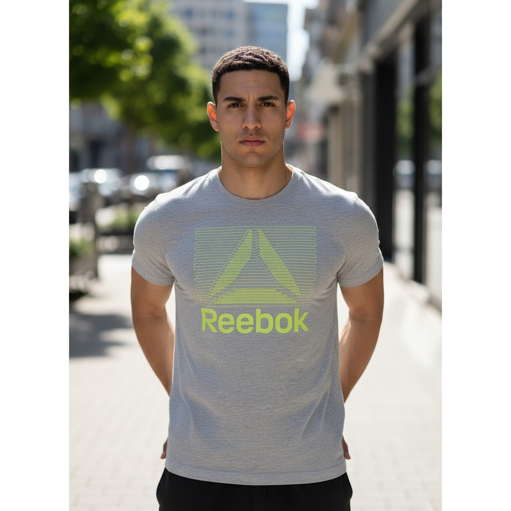 Reebok Mens Graphic T-Shirt Gray‎ Lime Green Delta Logo Short Sleeve Large L